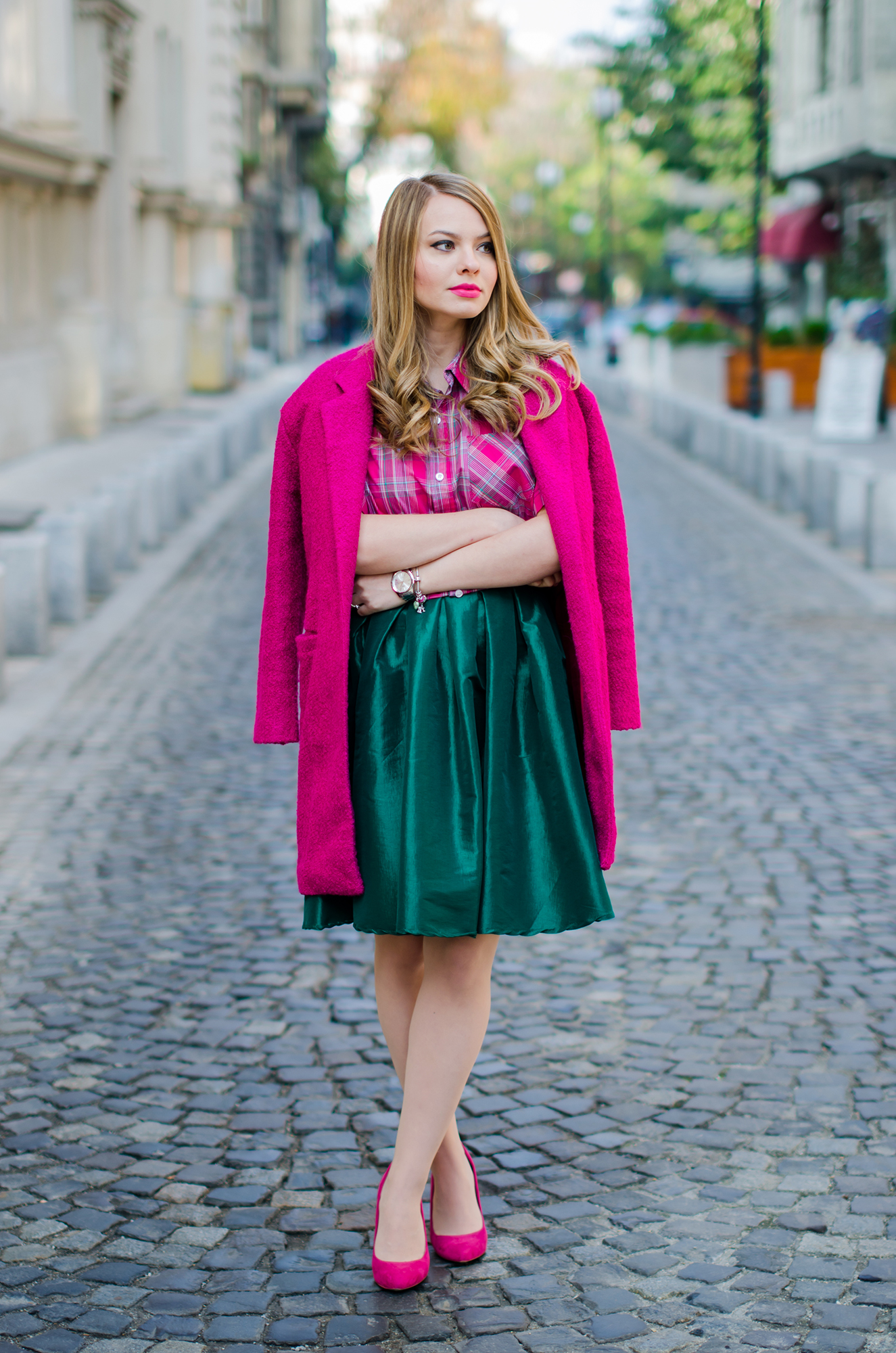 pink coat green midi skirt sheinside pink stiletto mini moon pink and green tartan 1