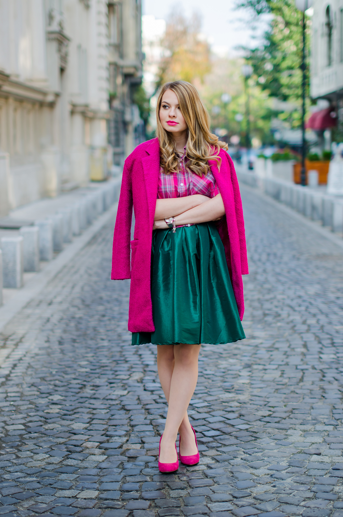 pink coat green midi skirt sheinside pink stiletto mini moon pink and green tartan 