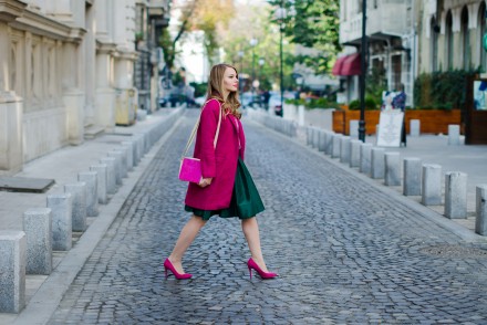 pink coat green midi skirt sheinside pink stiletto mini moon pink and green tartan
