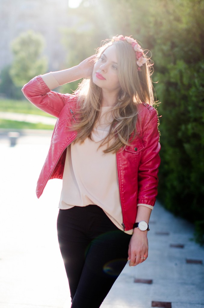 black-skinny-zara-pants-coral-leather-jacket-flower-crown-outfit-fashion-pink-wish (4)