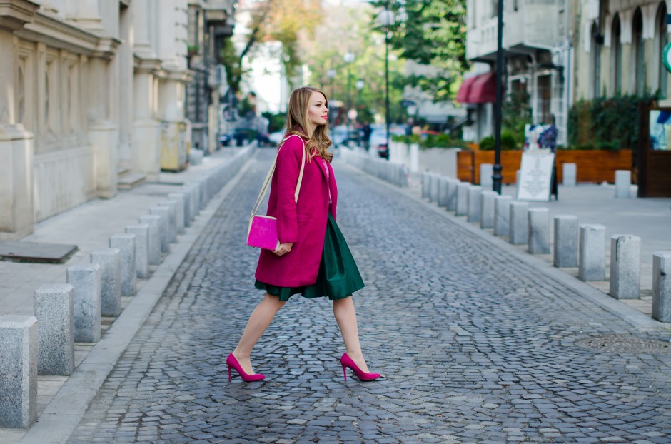 pink coat green midi skirt sheinside pink stiletto mini moon pink and green tartan
