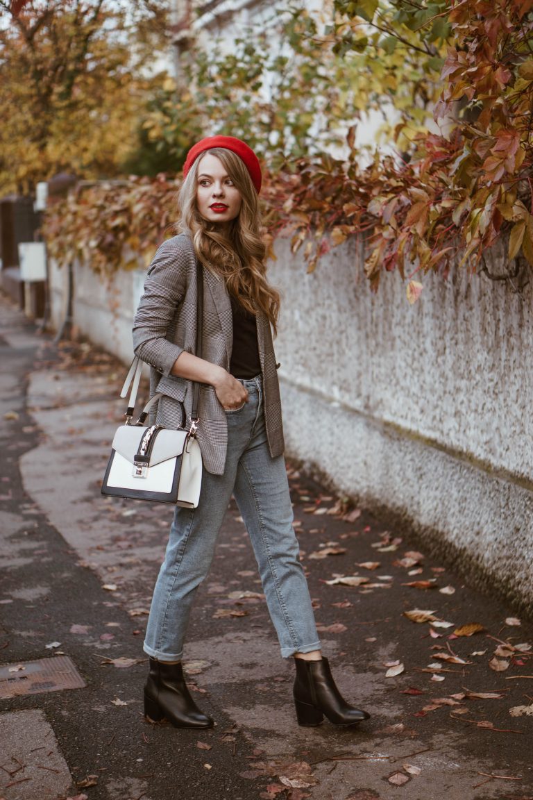 plaid blazer in a fall outfit - the red beret, mom's jeans and ankle ...