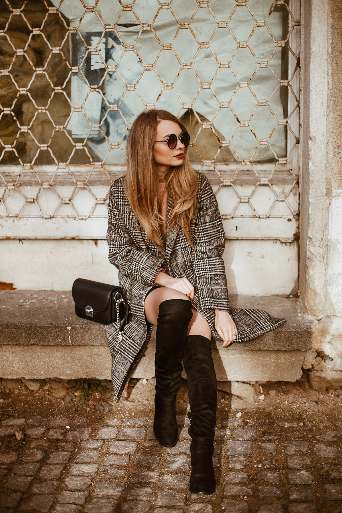 Plaid coat, embroidered skirt and over the knee boots - Pink WishPink Wish